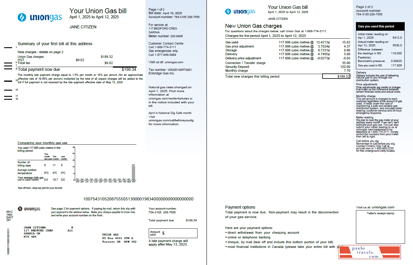 Canada Union Gas utility bill template in Word and PDF formats, 2 pages, version 2